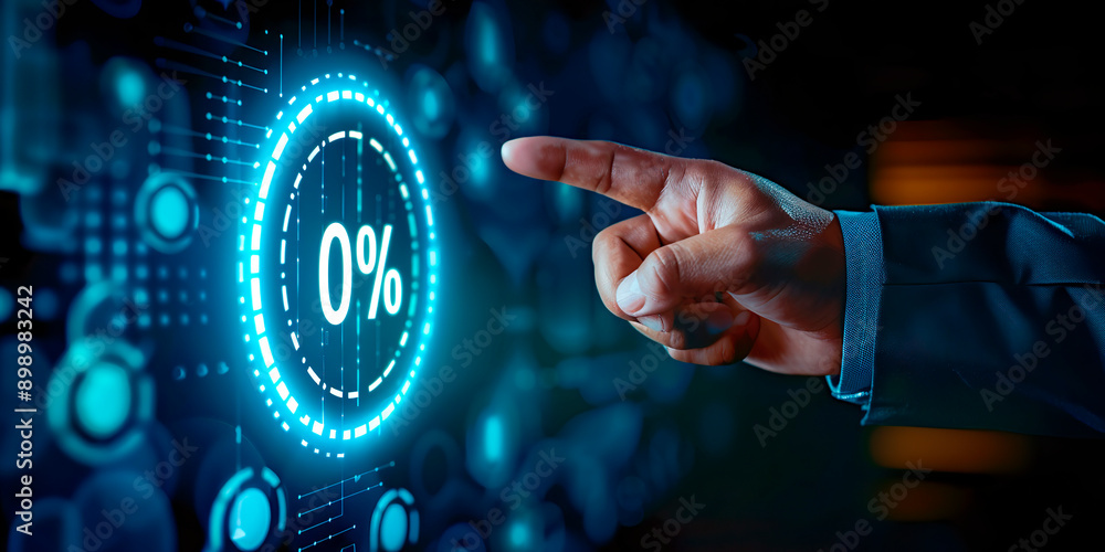 Poster a hand pointing to a blue circle with the number 0% on it