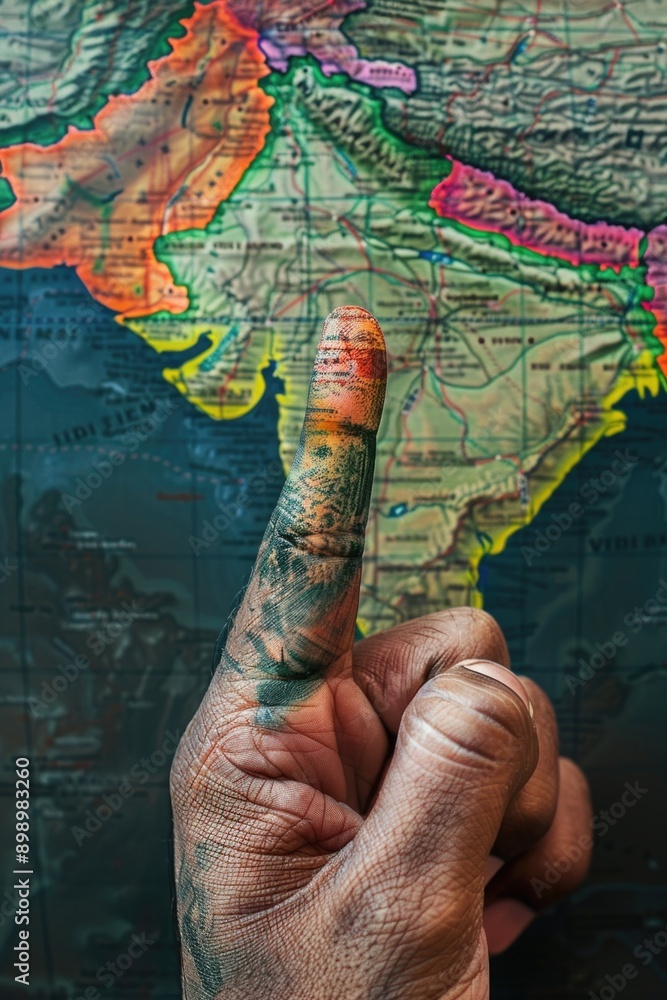 Poster A person studying a map with their finger pointing at a specific location