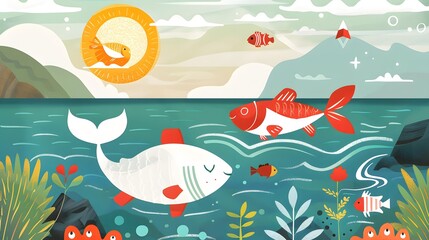 Fototapeta premium Cute Fish Illustration With Sun and Mountains in the Background