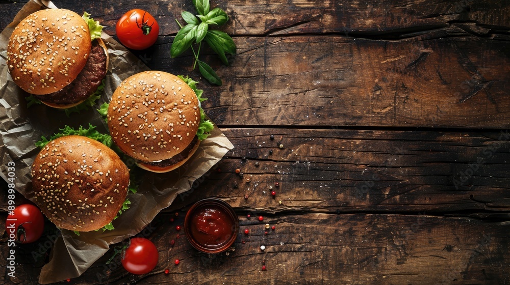 Poster fresh beef hamburger on rustic table top view with copy space