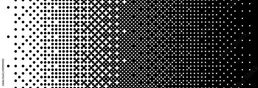 Poster Fading bitmap gradient texture. Black and white dither pattern background. Abstract pixelated glitchy pattern. 8 bit video game screen wallpaper. Vanishing pixel art retro backdrop. Vector halftone