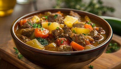Beef stew with carrot and potato in a bowl
