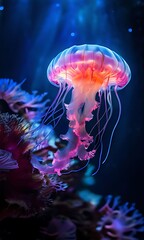 Fototapeta premium jellyfish in underwater, with coral reef, Generative AI