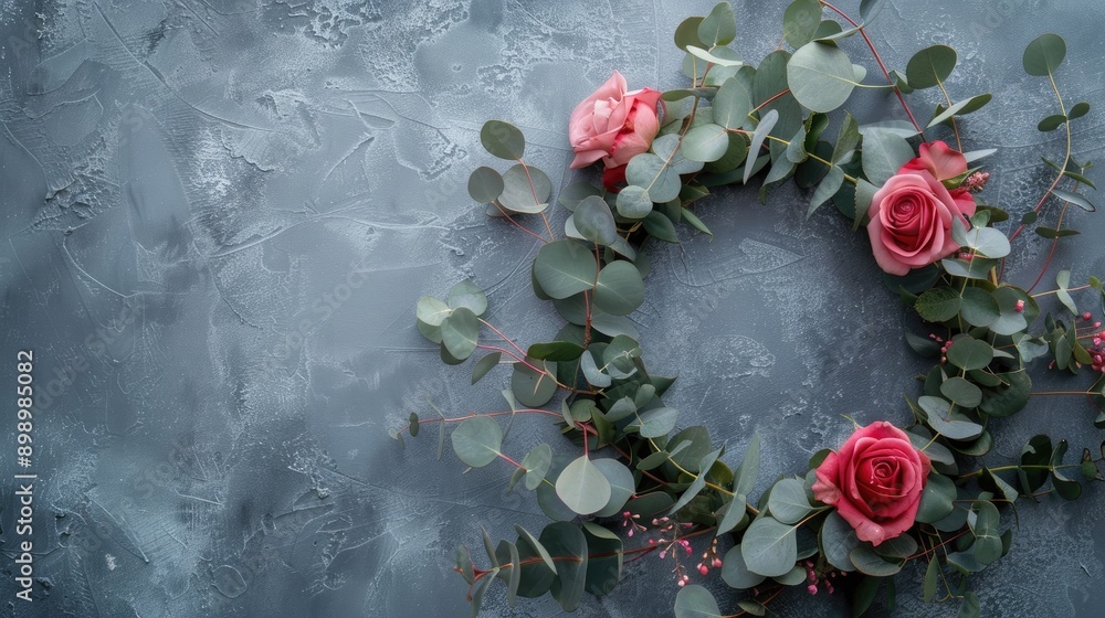 Aufkleber rose and eucalyptus wreath on a gray backdrop with space for text top down view