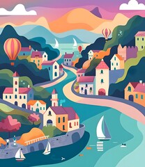 Fototapeta premium Colorful Illustration of a Small Town with Boats and Hot Air Balloons