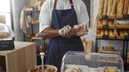 Young man wearing gloves in a bakery shop interior with shelves of bread in the background while preparing to serve customers