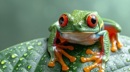 Fototapeta premium Red eyed tree frog is sitting on a leaf covered with dew drops in the rainforest