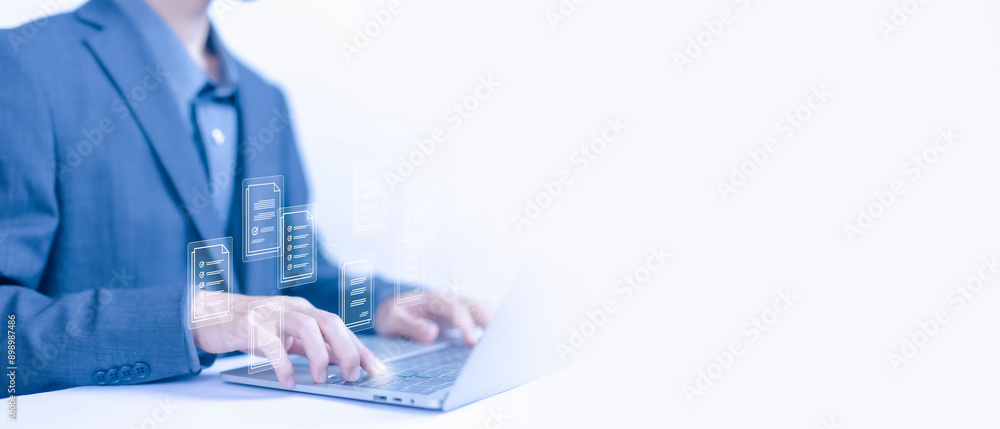 Aufkleber manages document data on a laptop. the concept of document files is digital electronic, business pap