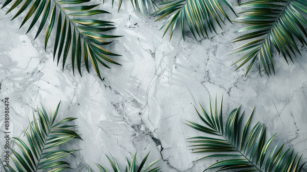 Poster summer theme palm leaves on marble paper with gray backdrop concept of summer with space for text fl