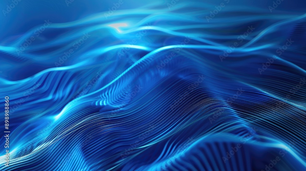 Poster modern abstract blue background with flowing glowing lines, showcasing data technology and innovatio