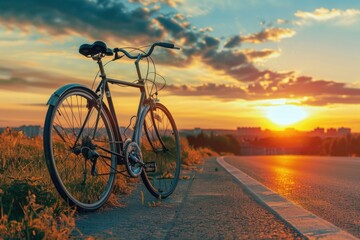 Naklejka premium A bicycle parked on the side of a road with a calm atmosphere