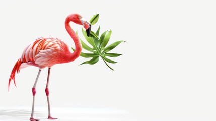 Fototapeta premium Pink Flamingo with Tropical Leaf on White Background