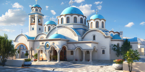 Obraz premium Igreja ortodoxa grega com cúpulas azuis