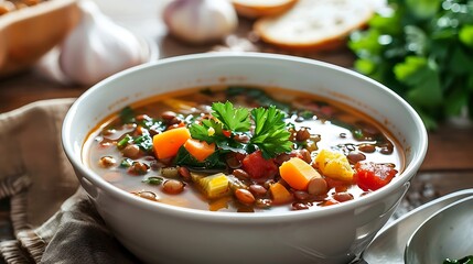 Lentil soup in a bowl on the table