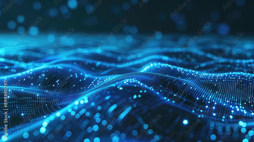 Poster modern blue abstract background with dynamic glowing lines, showcasing data technology concepts.