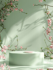 Photo of Elegant Nature Product Podium Display Design with Floral Settings