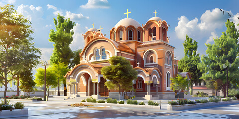 Obraz premium Igreja ortodoxa grega com telhado em forma de cúpula