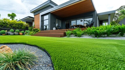 Obraz premium The front yard of a contemporary Australian home or residential building showcases artificial grass lawn turf with timber edging