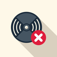 Simple flat illustration of a vinyl record with a red cross mark, representing a music error or a problem with a track