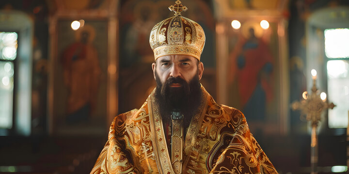 Padre ortodoxo grego com manto ornamentado
