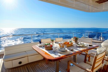 Fototapeta premium Luxury yacht dining table with ocean view.