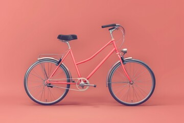 A single red bicycle leaning against a bright pink surface