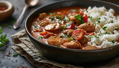 A bowl of chicken curry with rice on a wooden table