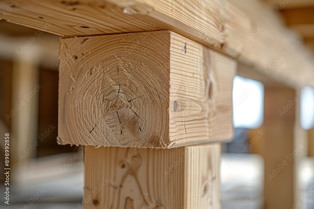Poster close-up of timber beam supporting a wooden structure, showcasing the precision of structural placem