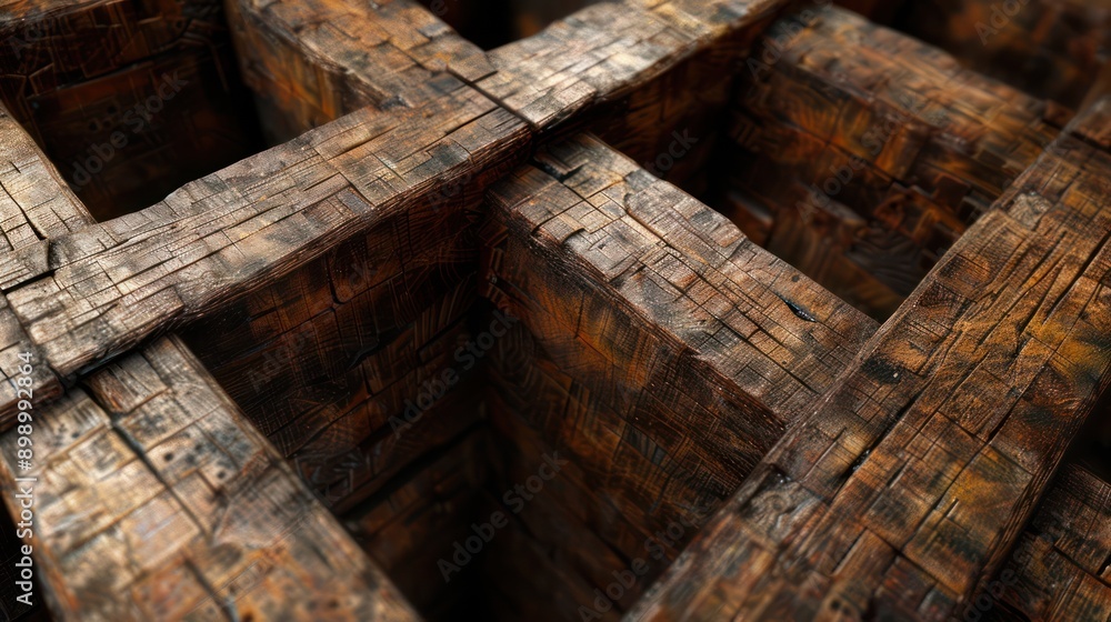 Poster close-up of sturdy wooden supports creating a robust framework at a construction site, view of inter