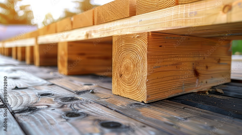 Poster close-up of timber beams aligned and secured within a framework at a construction site these structu