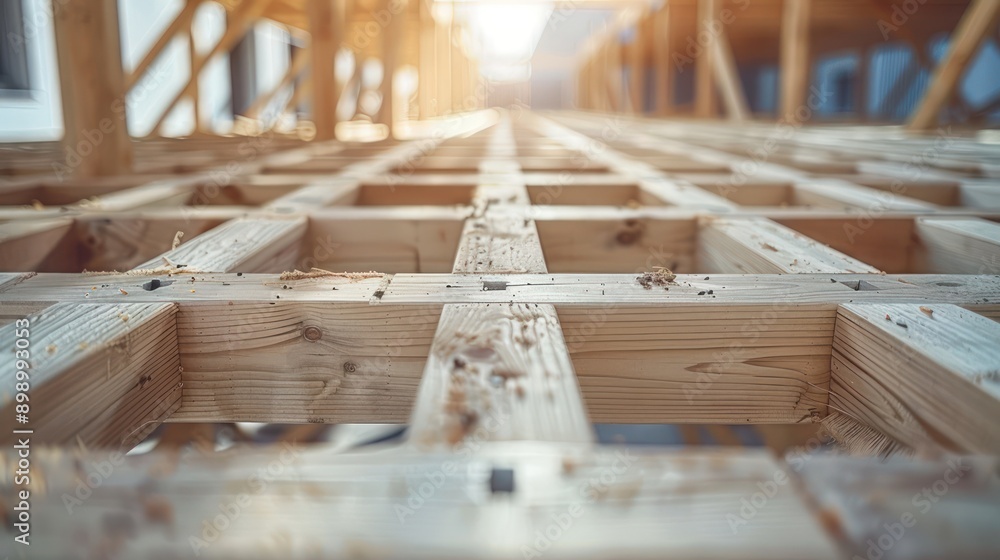 Poster close-up view of timber beams forming a complex building structure at a busy construction site, focu