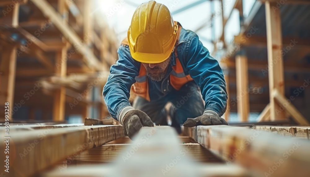 Poster construction worker installing timber beams with precision and skill, a detailed framework takes sha