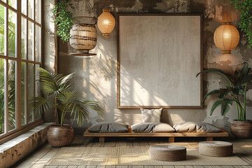 Contemporary Japandi living room wabi sabi with empty frame