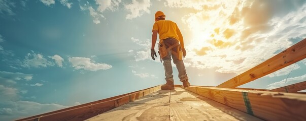 Construction Worker Installing Timber Beams on Roof Framing, Building a New Home, Roof Trusses, Residential Construction, Skilled Labor, Building Trades, Roofing Contractor, Home Renovation, Framing
