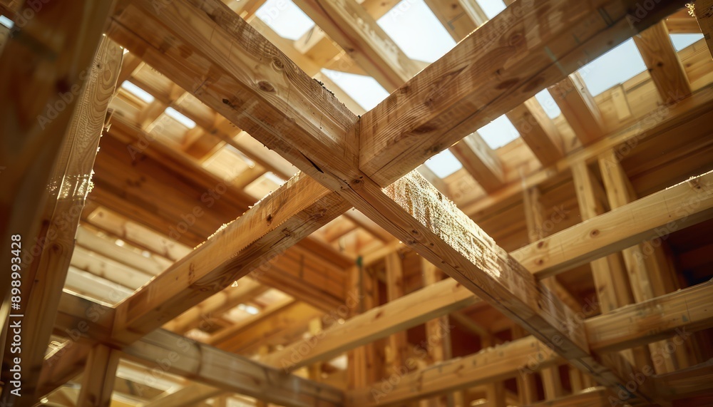 Aufkleber intricate timber beam roofing framework at a development site a close-up view of the structural inte
