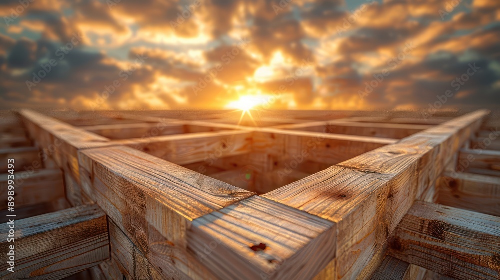 Poster precise timber beam alignment and securing within a framework during construction, a sunset sky back
