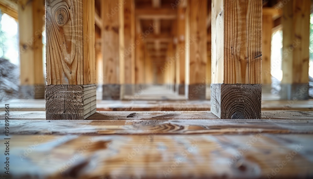 Poster robust wooden supports create a strong building structure at a development site these durable wooden