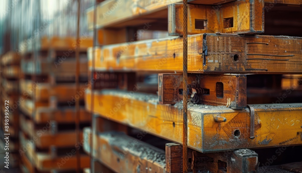 Poster robust wooden supports constructing a complex building framework at a busy construction site, ensuri