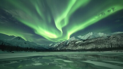 Fototapeta premium Northern Lights Dancing Over Frozen Lake and Mountains