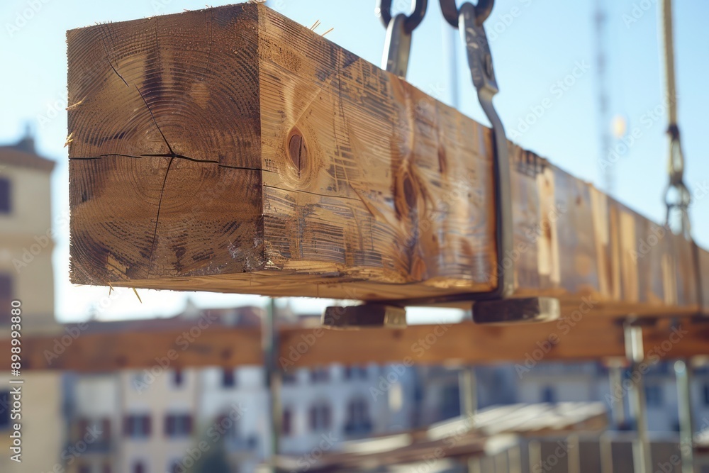 Poster skilled carpenter installing timber beam in construction framework, expert craftsmanship on display