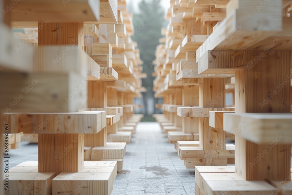 Poster timber beam construction framework at development site, meticulously arranged wooden beams create a 