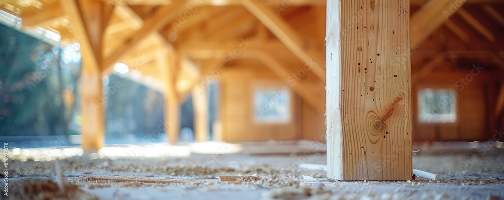 Poster timber beam construction structural support in a detailed architectural design at a development site
