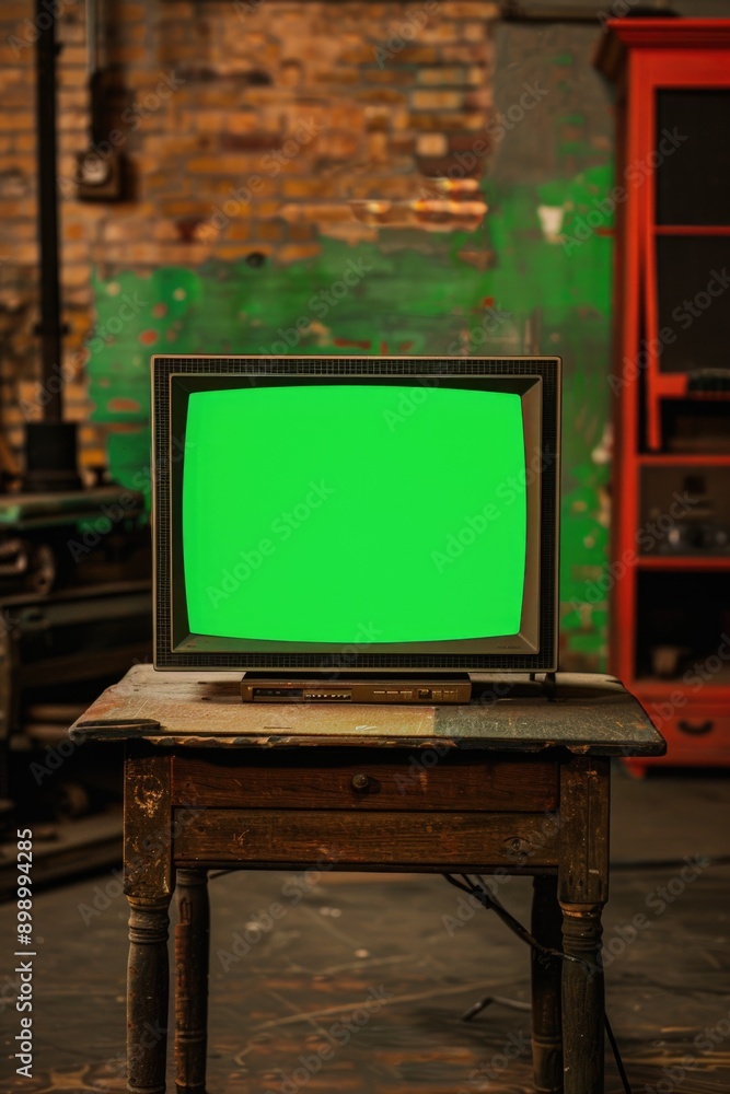 Poster A TV sitting on a wooden table, ready for use