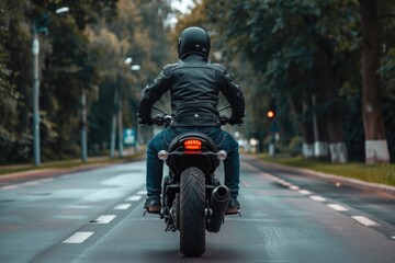 A motorcyclist rides down a busy urban street