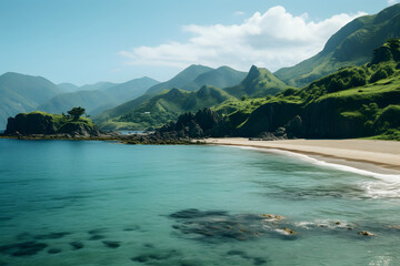 green hills at the beach beautiful landscape, beach lakesite