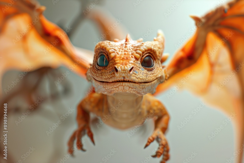 Poster a close-up shot of a lizard with developed wings, suitable for use in fantasy or science fiction con