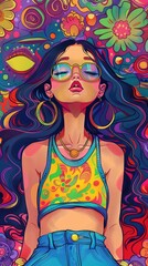 Groovy cartoon hippy: retro-inspired design bursting with vibrant colors and psychedelic patterns, evoking a whimsical and vibe, capturing the free-spirited essence of the era in whimsical style
