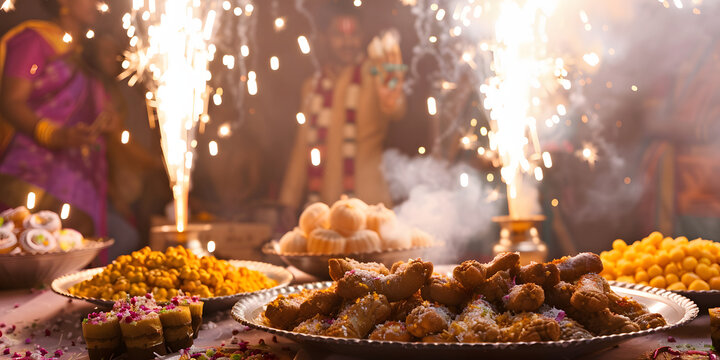 Celebra&ccedil;&atilde;o do festival hindu com fogos de artif&iacute;cio e doces