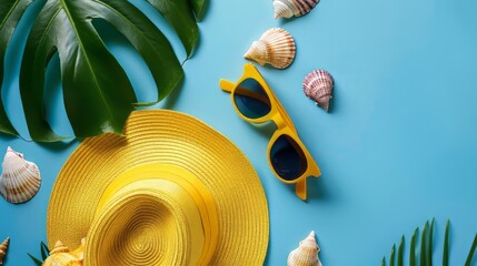 Fototapeta premium Summer yellow banner with yellow hat ,sunglasses,seashell and monstera leaf on yellow background