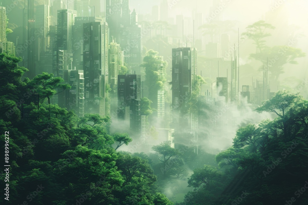 Poster a view of a city amidst trees and greenery
